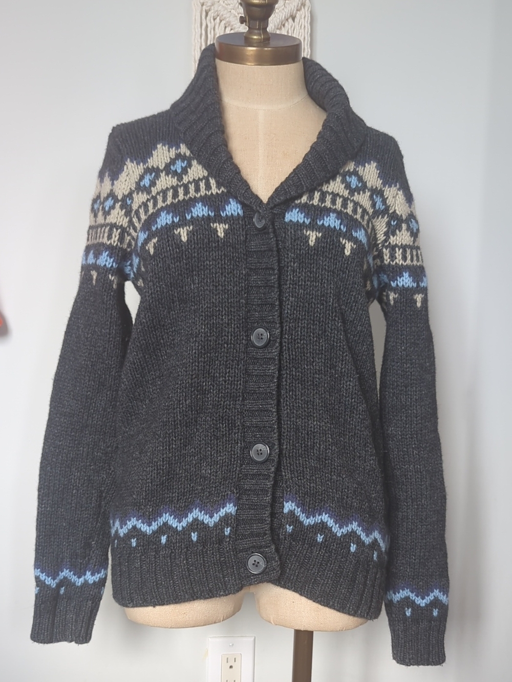 Uniqlo Charcoal Fair Isle Shawl Neck Cardigan Size Medium